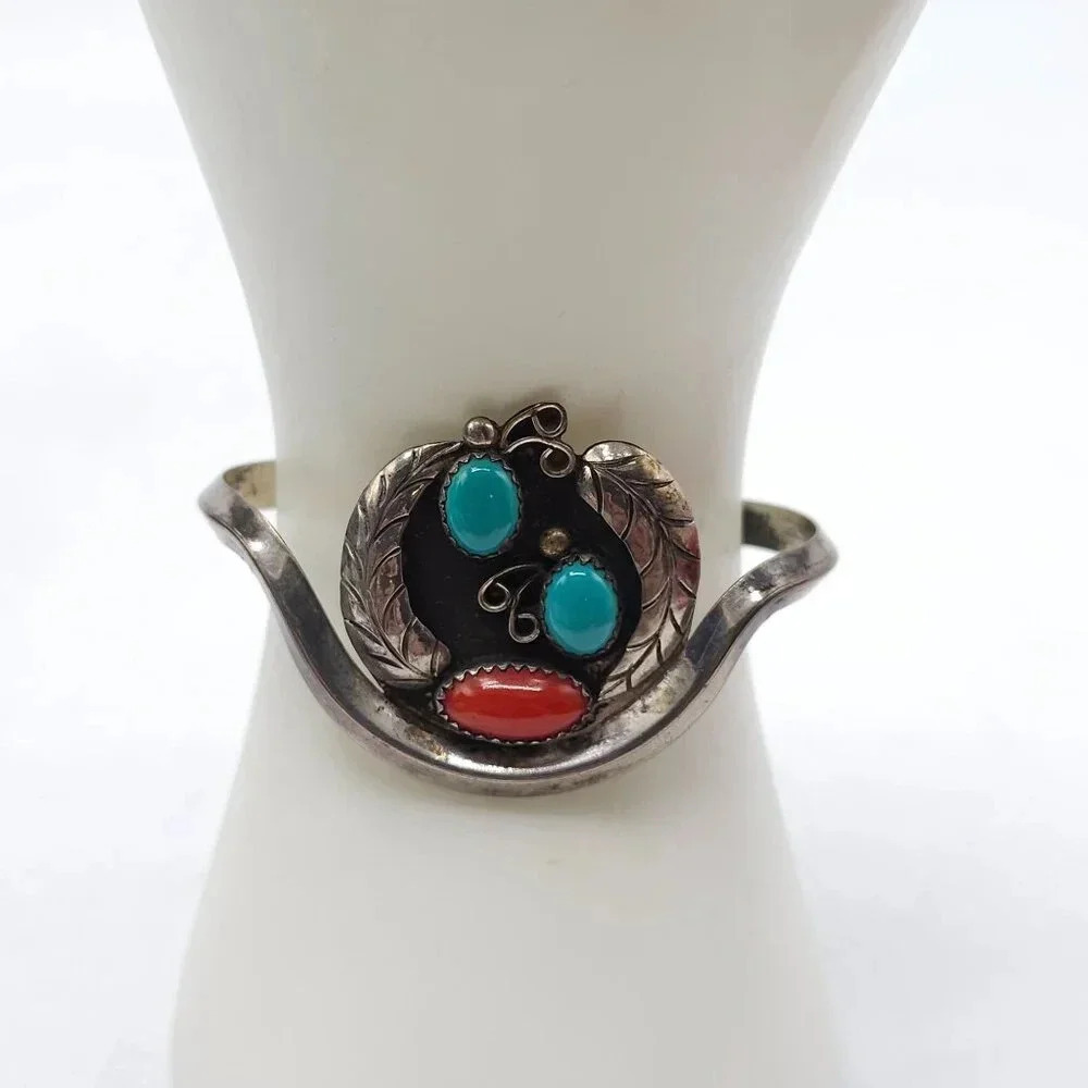 Vintage Unique Blue Turquoise Red Coral Sterling Silver Cuff Bracelet Navajo